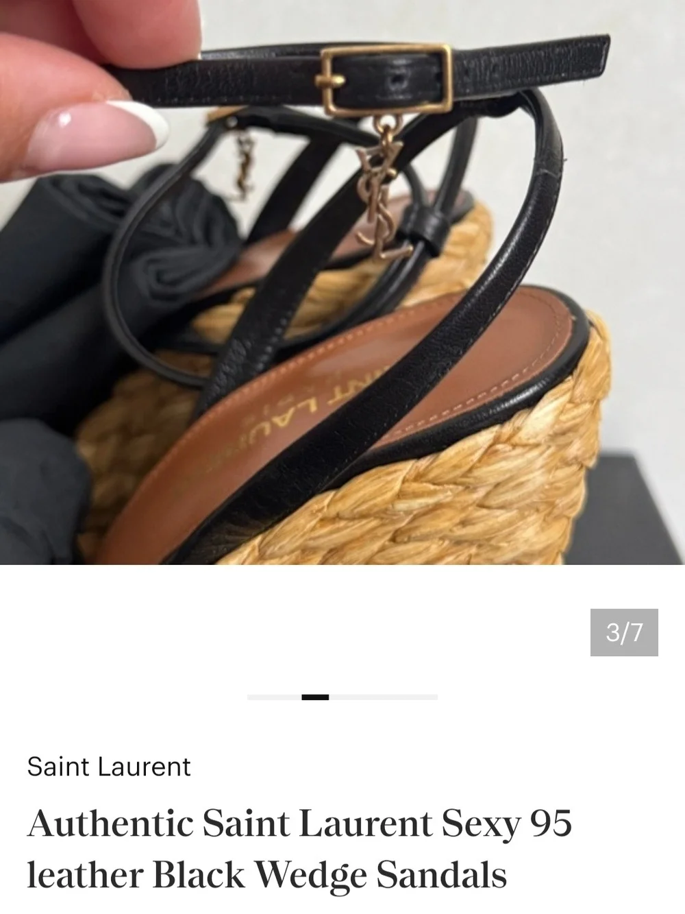 Yves Saint Laurent Black Leather Espadrille Wedge Sandals with Ankle Strap